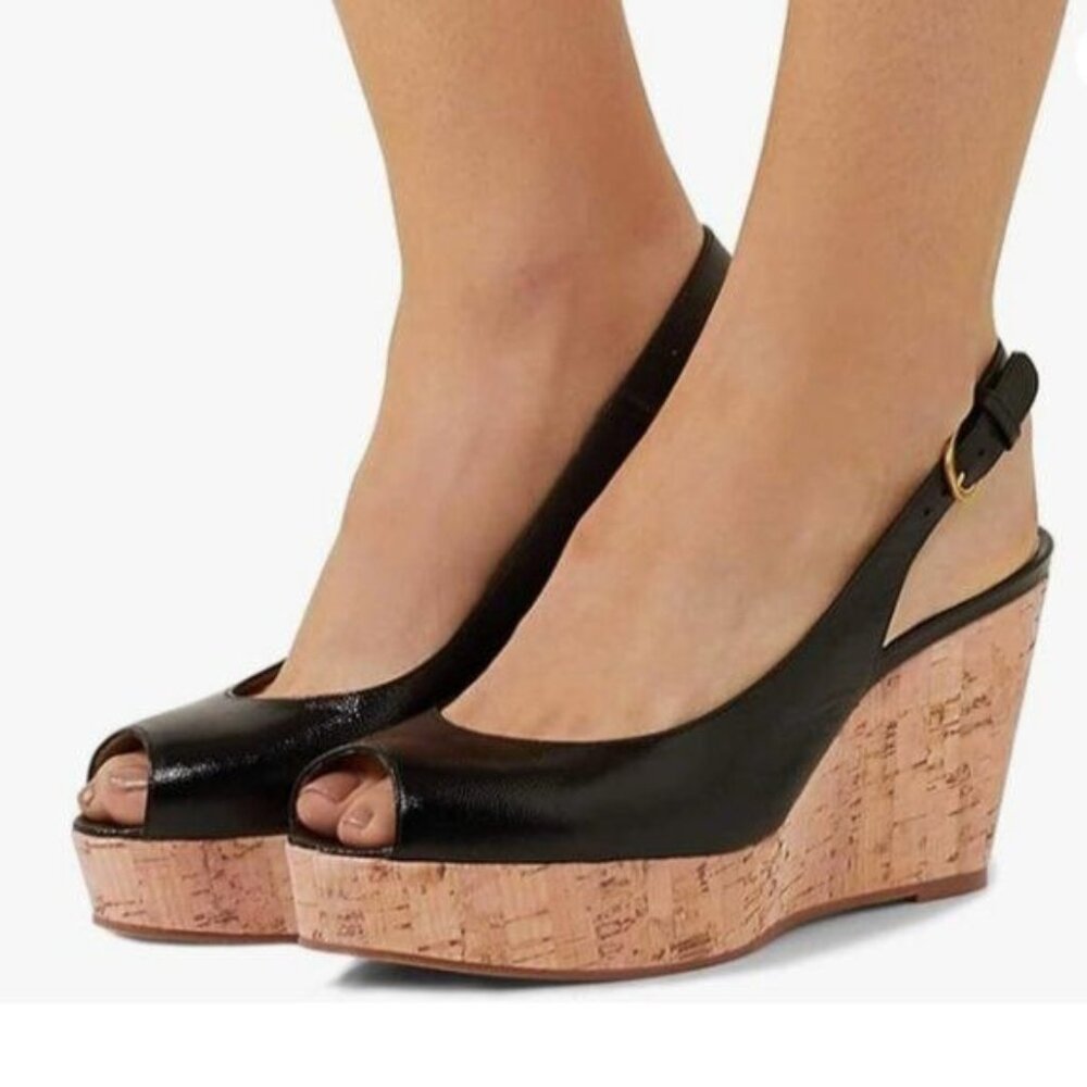 FSJ Black Peep Toe High Heel Wedge Sandals Slip on Cork Pumps Slingback Shoes